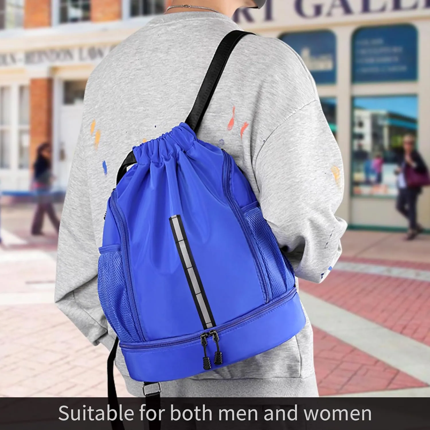 Sport Gym Bag Water Resistant Drawstring Backpack for Men Women with Shoes Compartment (Blue)