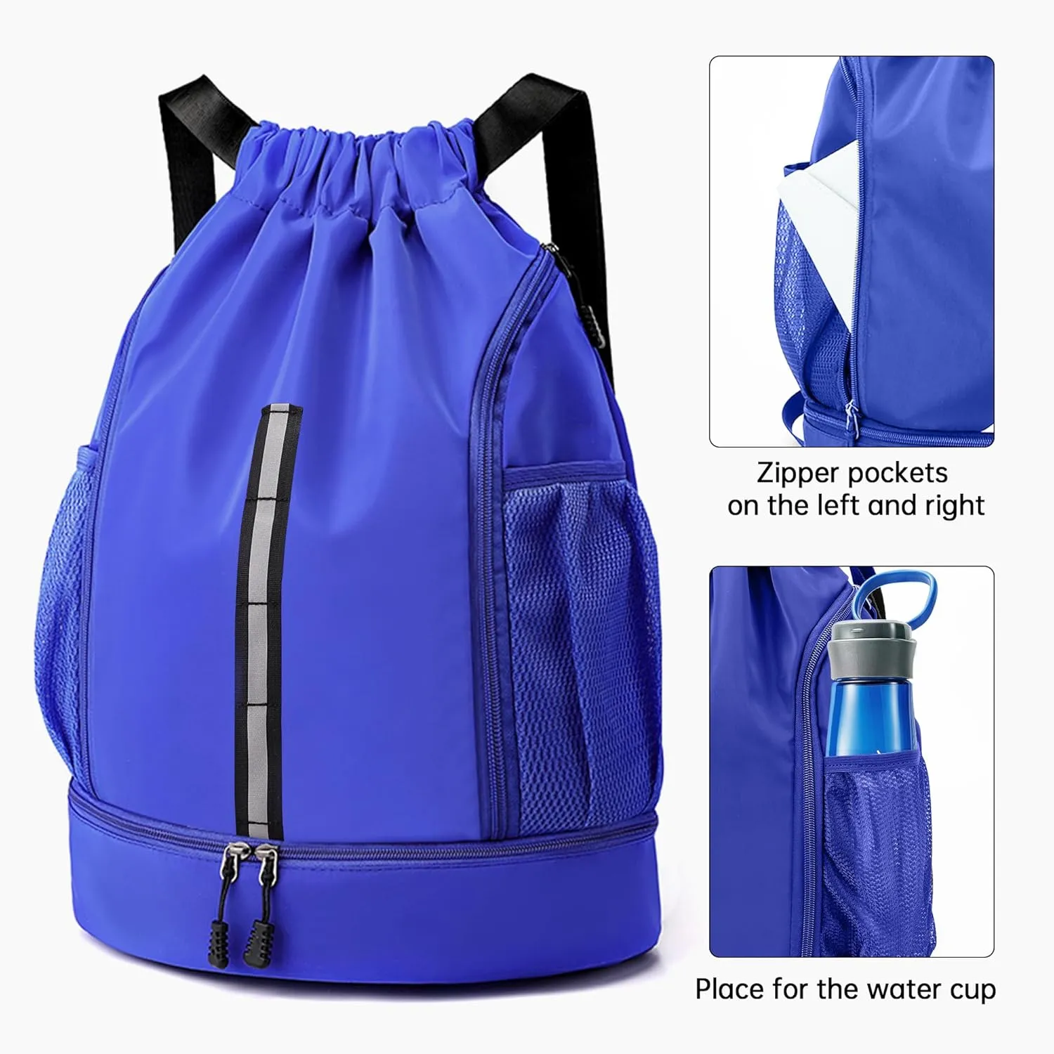 Sport Gym Bag Water Resistant Drawstring Backpack for Men Women with Shoes Compartment (Blue)