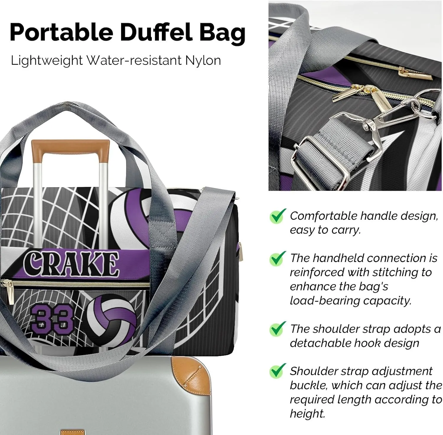 Sport Player Gym Bags Travel Duffle Bag,Volleyball Team Purple Weekender Duffel Bag with Shoe Compartment,Personalized Workout Duffle Sports Bag for Travel Yoga