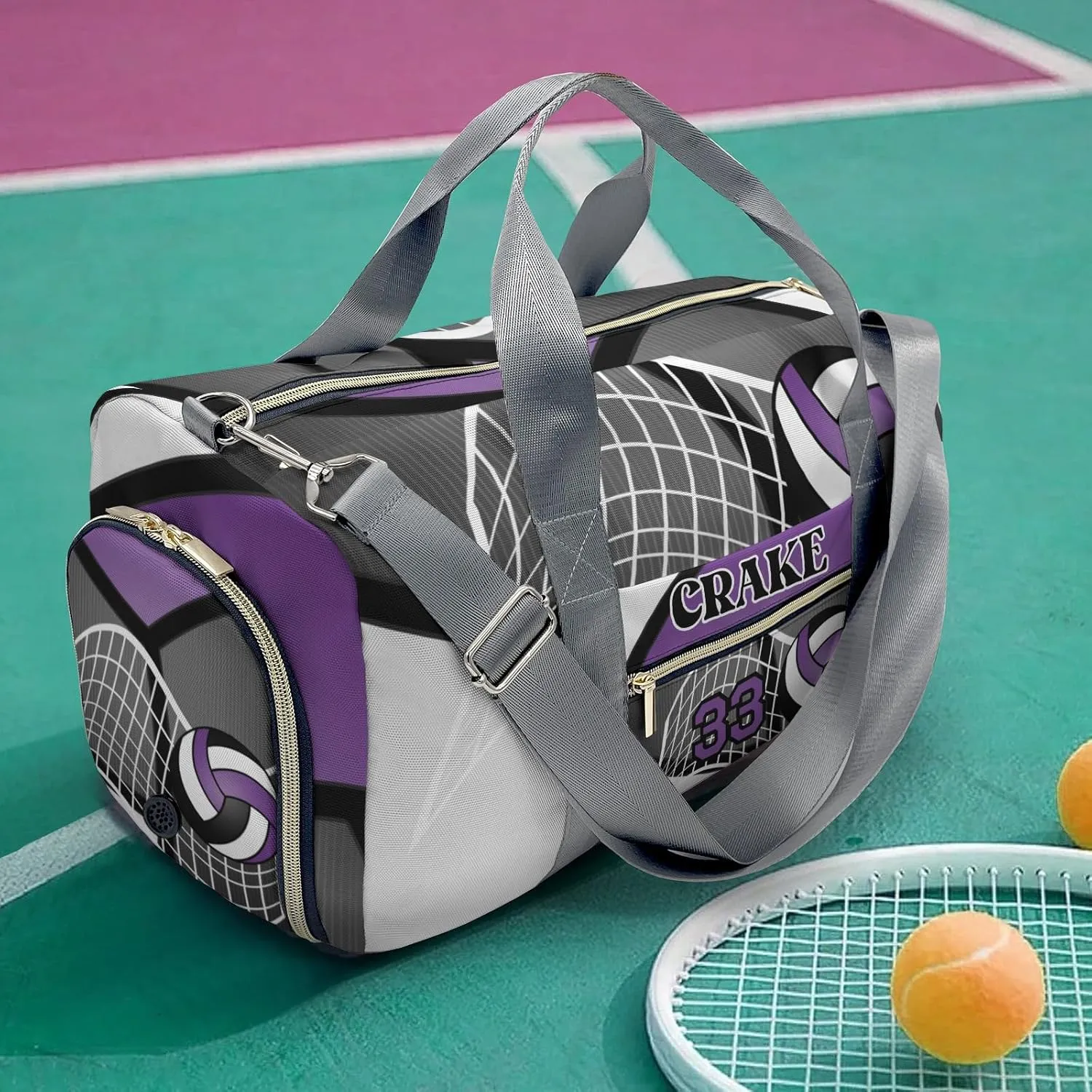Sport Player Gym Bags Travel Duffle Bag,Volleyball Team Purple Weekender Duffel Bag with Shoe Compartment,Personalized Workout Duffle Sports Bag for Travel Yoga
