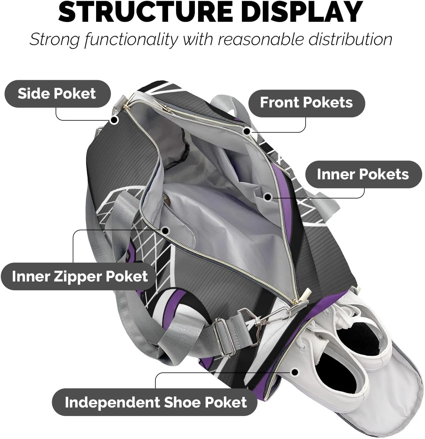 Sport Player Gym Bags Travel Duffle Bag,Volleyball Team Purple Weekender Duffel Bag with Shoe Compartment,Personalized Workout Duffle Sports Bag for Travel Yoga