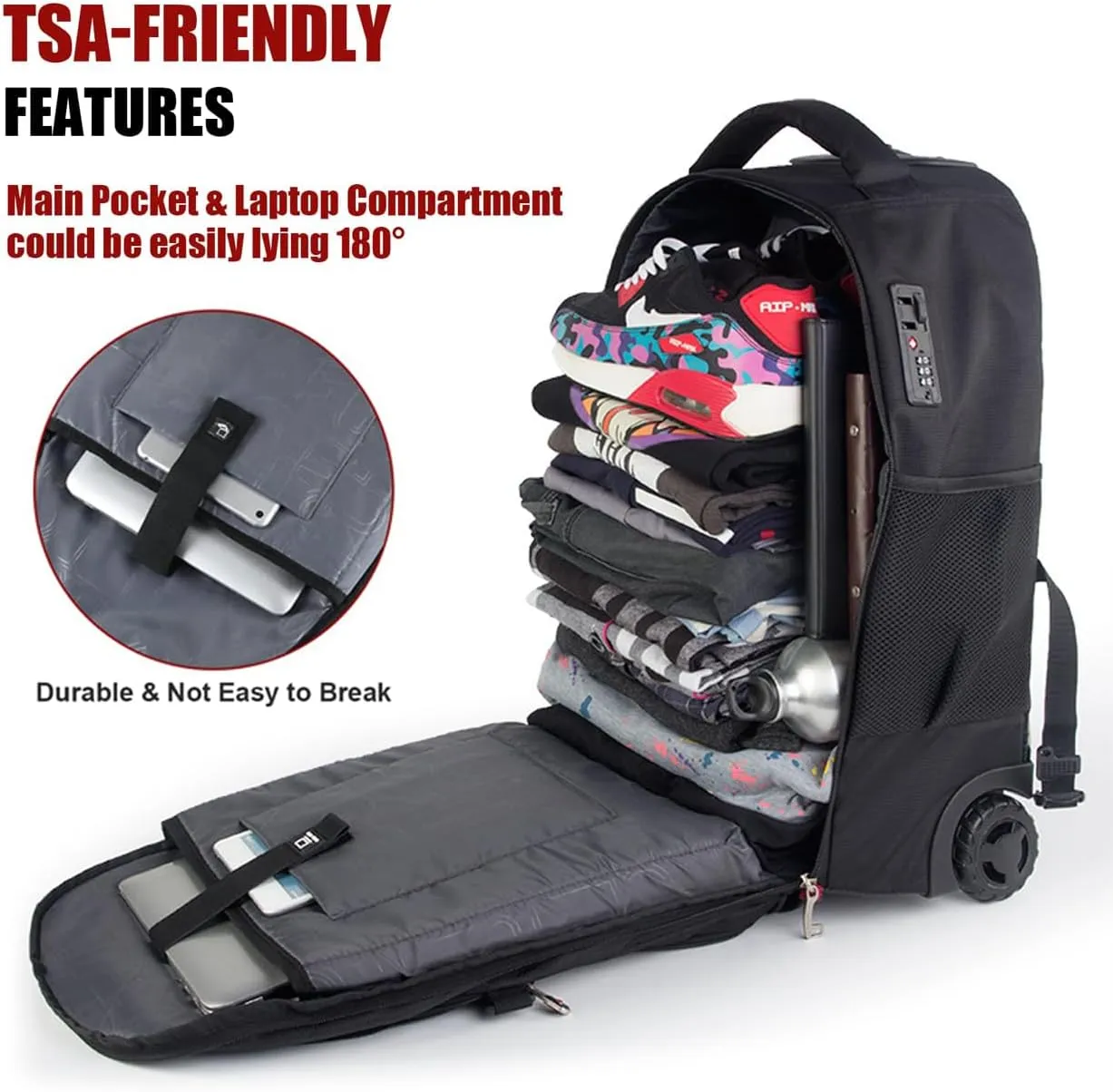 star cloud 21x14x9 Rolling Backpack with Wheels - Water-Resistant, 17.3" Laptop Compartment, Ideal Carry-On for Overnight Travel, College, Work - Wheeled Business Backpack for Adults