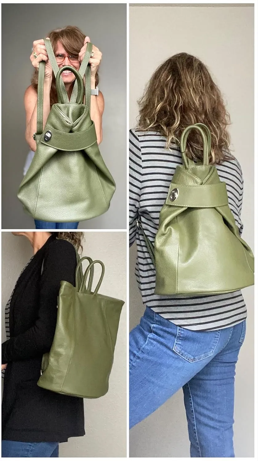 Stella Convertible Leather Backpack Purse – Casual Travel Tote Bag (Green)