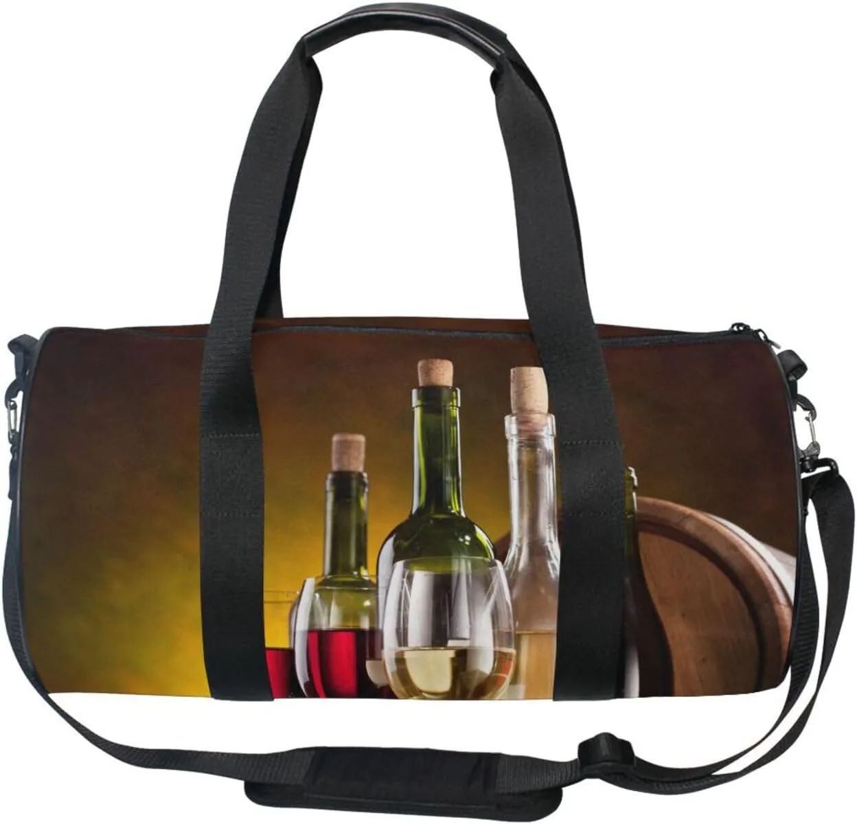 Still Life with Wine Bottles, Glasses Oak Barrels Retro Style Portable Gym Bag, Travel Bag, Luggage bag, Sports Bag, Toiletry Bag with Handles, Detachable Shoulder Strap 17.6 x 9 x 9 inch