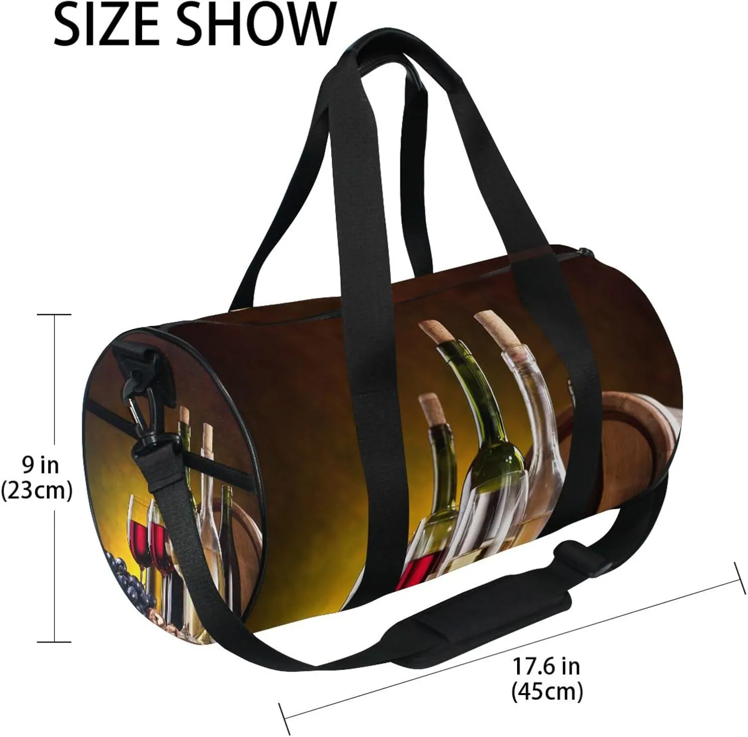 Still Life with Wine Bottles, Glasses Oak Barrels Retro Style Portable Gym Bag, Travel Bag, Luggage bag, Sports Bag, Toiletry Bag with Handles, Detachable Shoulder Strap 17.6 x 9 x 9 inch