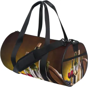 Still Life with Wine Bottles, Glasses Oak Barrels Retro Style Portable Gym Bag, Travel Bag, Luggage bag, Sports Bag, Toiletry Bag with Handles, Detachable Shoulder Strap 17.6 x 9 x 9 inch