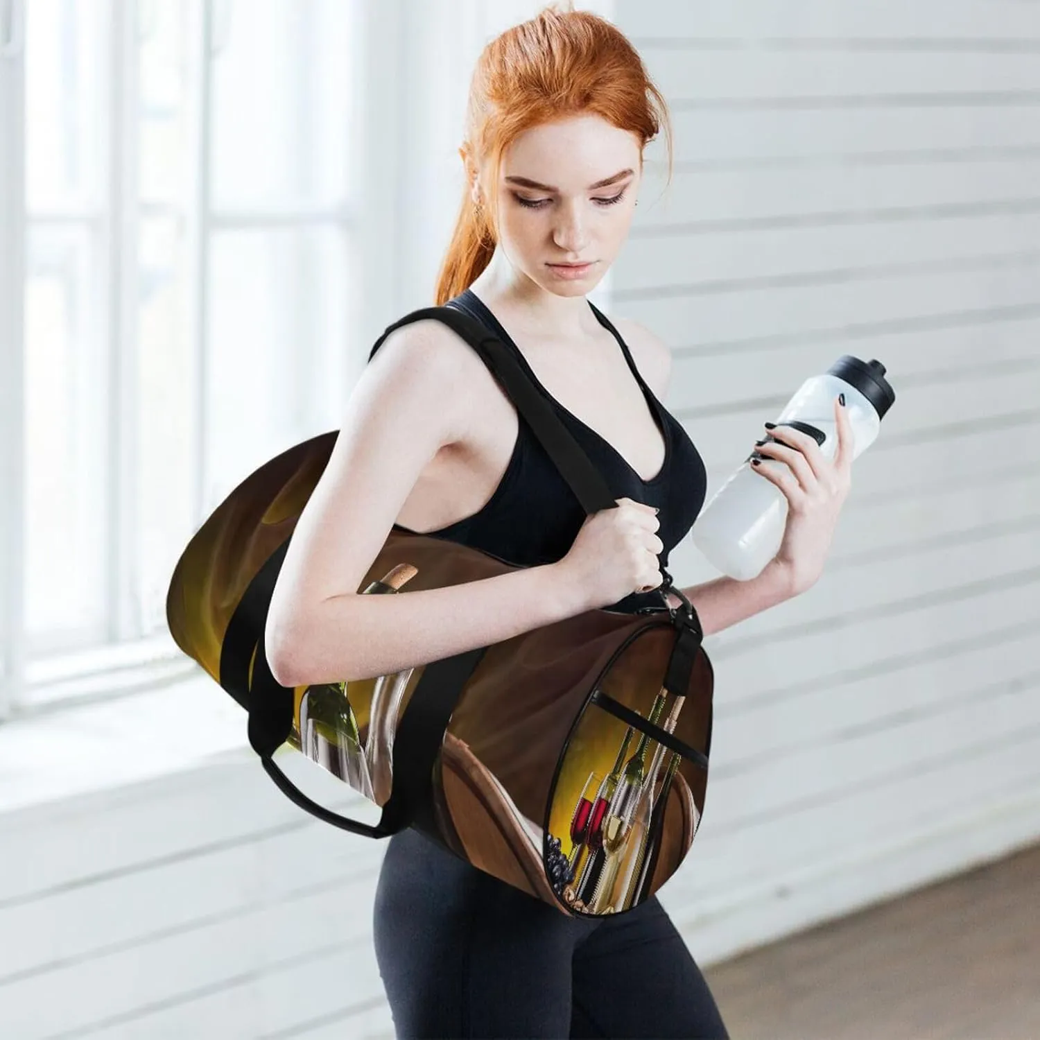 Still Life with Wine Bottles, Glasses Oak Barrels Retro Style Portable Gym Bag, Travel Bag, Luggage bag, Sports Bag, Toiletry Bag with Handles, Detachable Shoulder Strap 17.6 x 9 x 9 inch