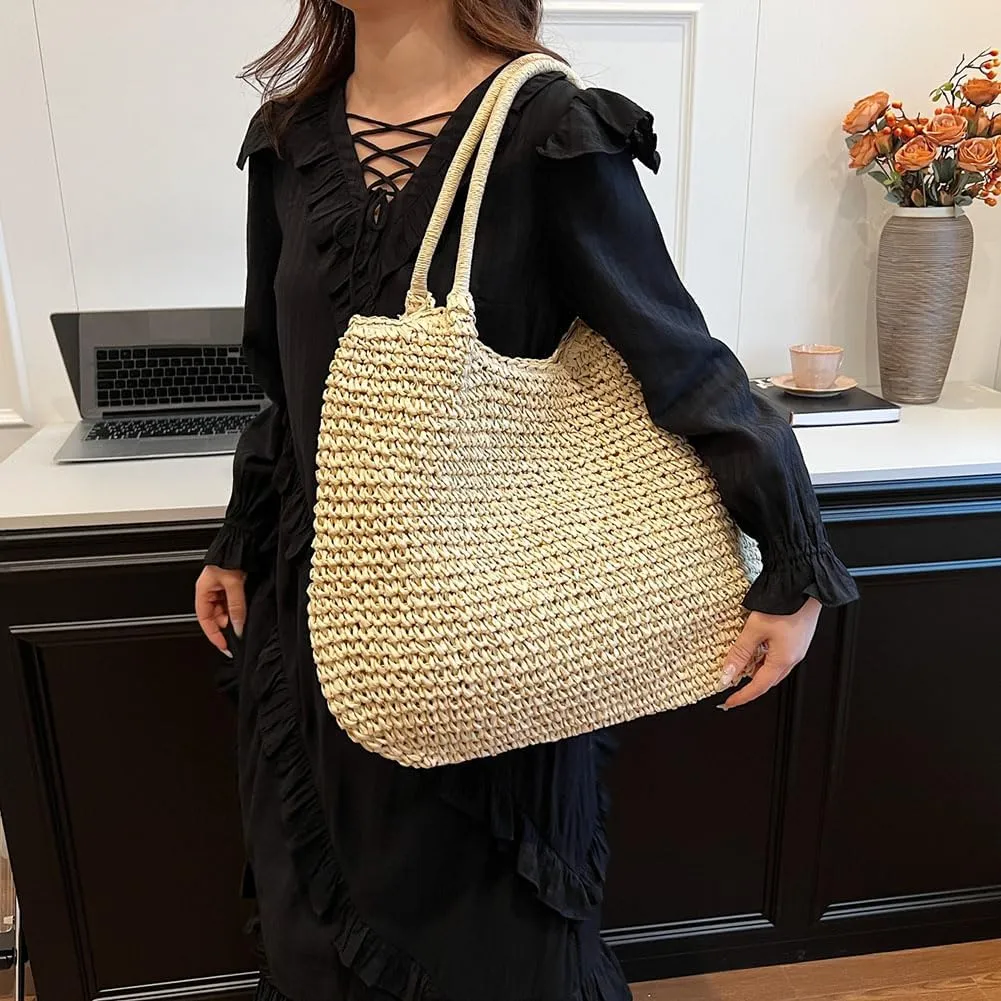 Straw Beach Bag Large Capacity Retro Straw Handbag Hasp Closure Weaving Handbag Ladies Summer Beach Tote Bags