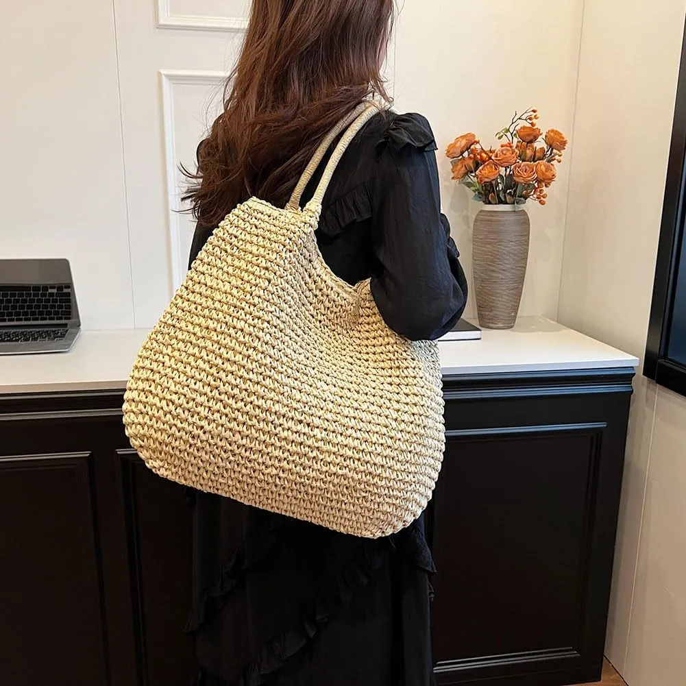 Straw Beach Bag Large Capacity Retro Straw Handbag Hasp Closure Weaving Handbag Ladies Summer Beach Tote Bags