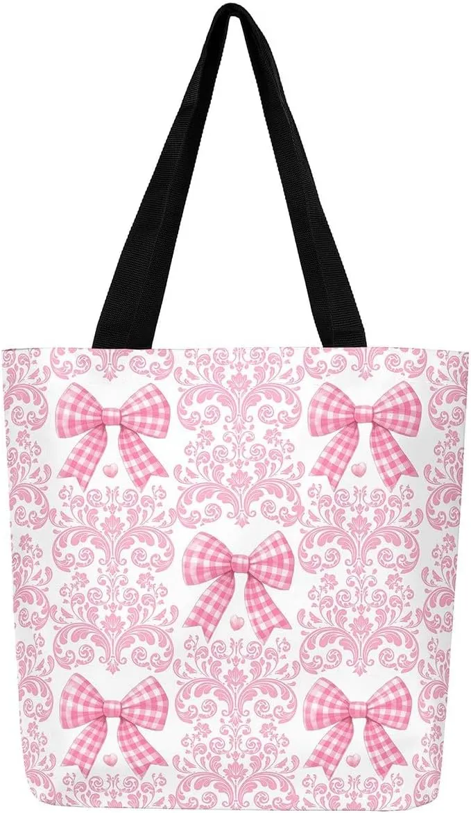 Strawberry Canvas Tote Bag for Women,Bow Tie Handbag,Princess Ribbon Shoulder Bag Cute Bowknot Pink Kawaii Decor