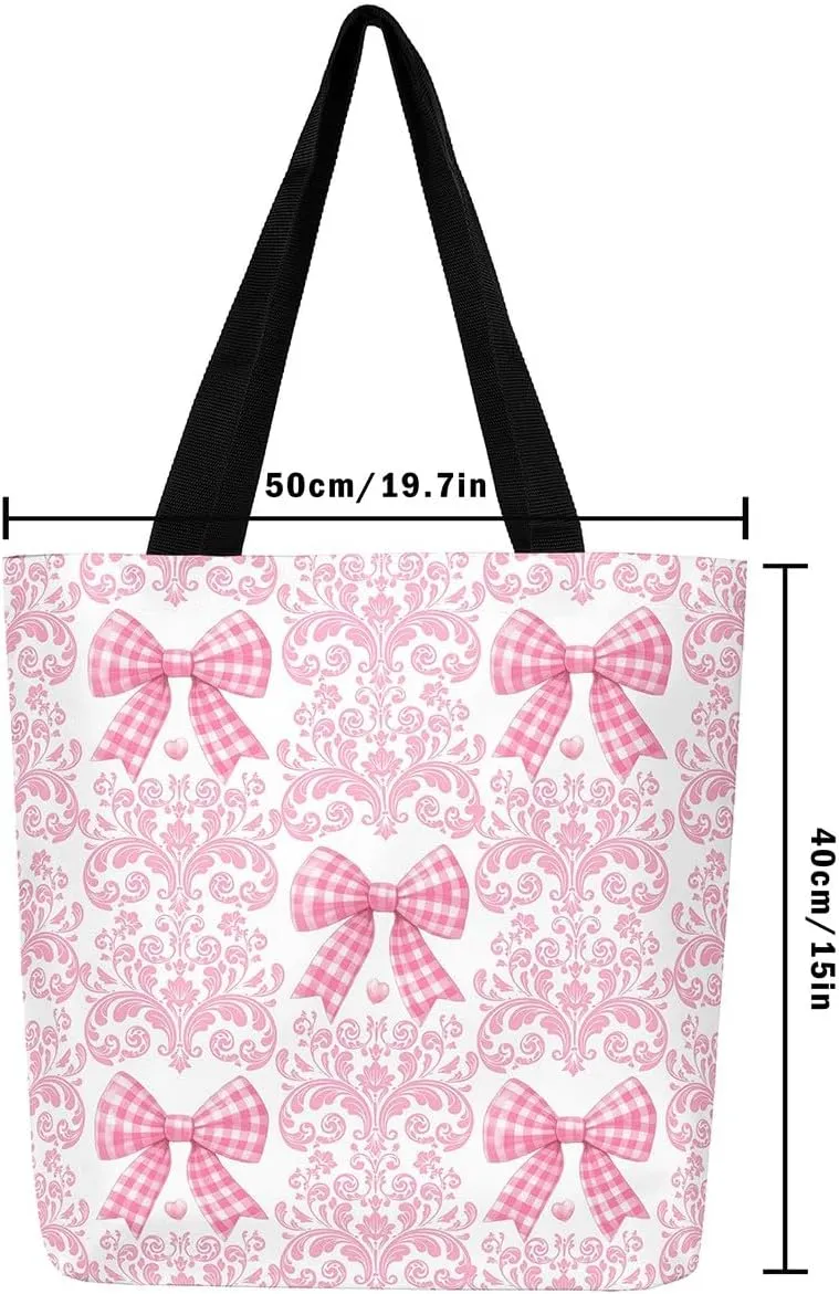 Strawberry Canvas Tote Bag for Women,Bow Tie Handbag,Princess Ribbon Shoulder Bag Cute Bowknot Pink Kawaii Decor