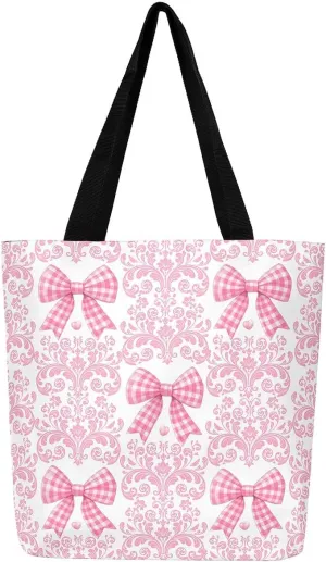 Strawberry Canvas Tote Bag for Women,Bow Tie Handbag,Princess Ribbon Shoulder Bag Cute Bowknot Pink Kawaii Decor