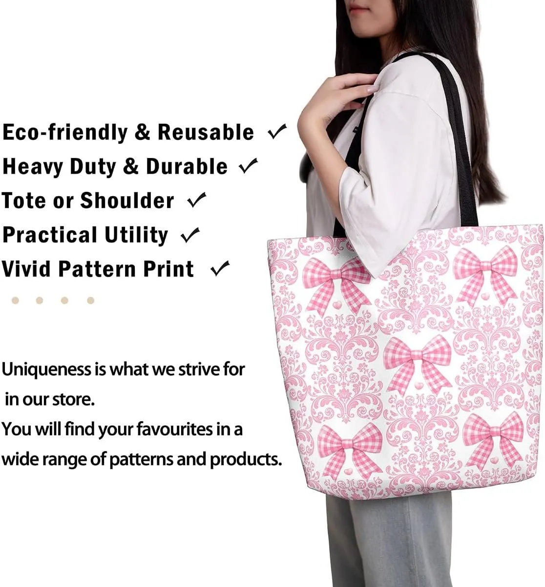Strawberry Canvas Tote Bag for Women,Bow Tie Handbag,Princess Ribbon Shoulder Bag Cute Bowknot Pink Kawaii Decor