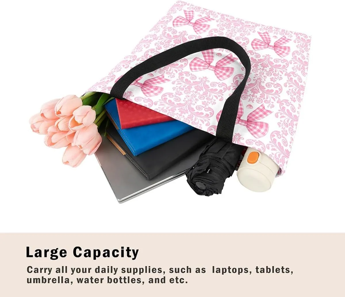 Strawberry Canvas Tote Bag for Women,Bow Tie Handbag,Princess Ribbon Shoulder Bag Cute Bowknot Pink Kawaii Decor