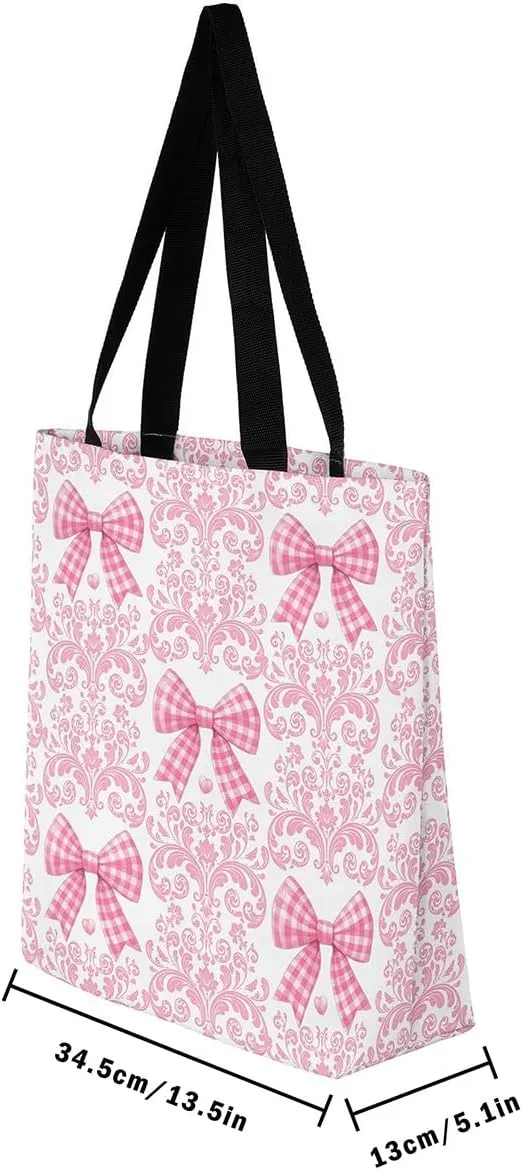 Strawberry Canvas Tote Bag for Women,Bow Tie Handbag,Princess Ribbon Shoulder Bag Cute Bowknot Pink Kawaii Decor