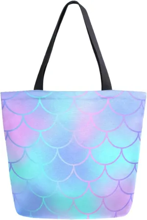 Stylish Beautiful Mermaid Scale Extra Large Canvas Market Beach Travel Reusable Grocery Shopping Tote Bag Portable Storage HandBags