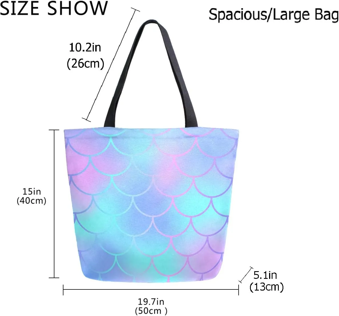 Stylish Beautiful Mermaid Scale Extra Large Canvas Market Beach Travel Reusable Grocery Shopping Tote Bag Portable Storage HandBags