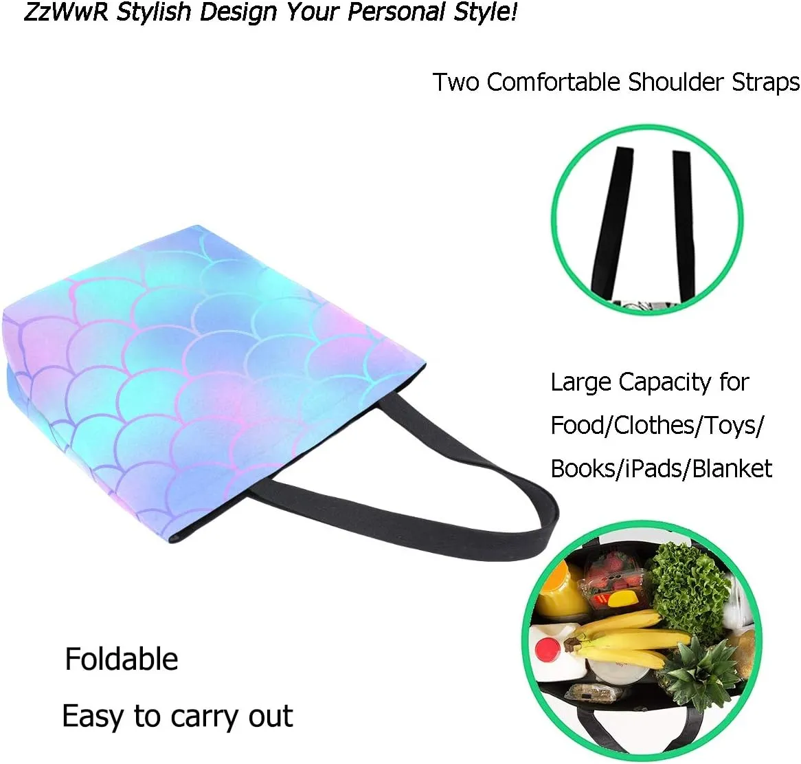 Stylish Beautiful Mermaid Scale Extra Large Canvas Market Beach Travel Reusable Grocery Shopping Tote Bag Portable Storage HandBags