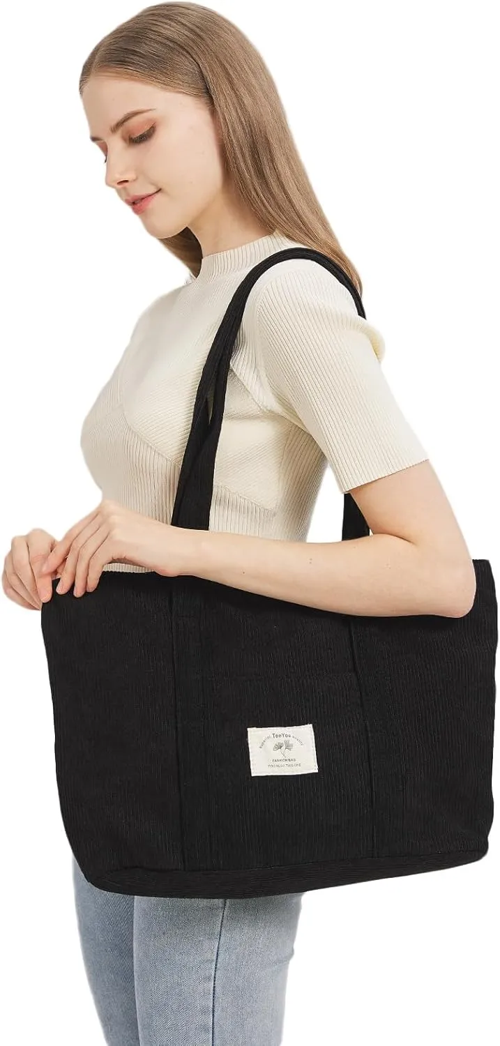 Stylish Corduroy Tote Bag for Women Large Zippered Shoulder Bag with Pockets Multipurpose Travel, Gym, Work & Beach Tote