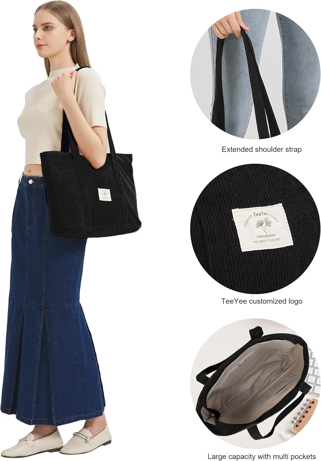 Stylish Corduroy Tote Bag for Women Large Zippered Shoulder Bag with Pockets Multipurpose Travel, Gym, Work & Beach Tote
