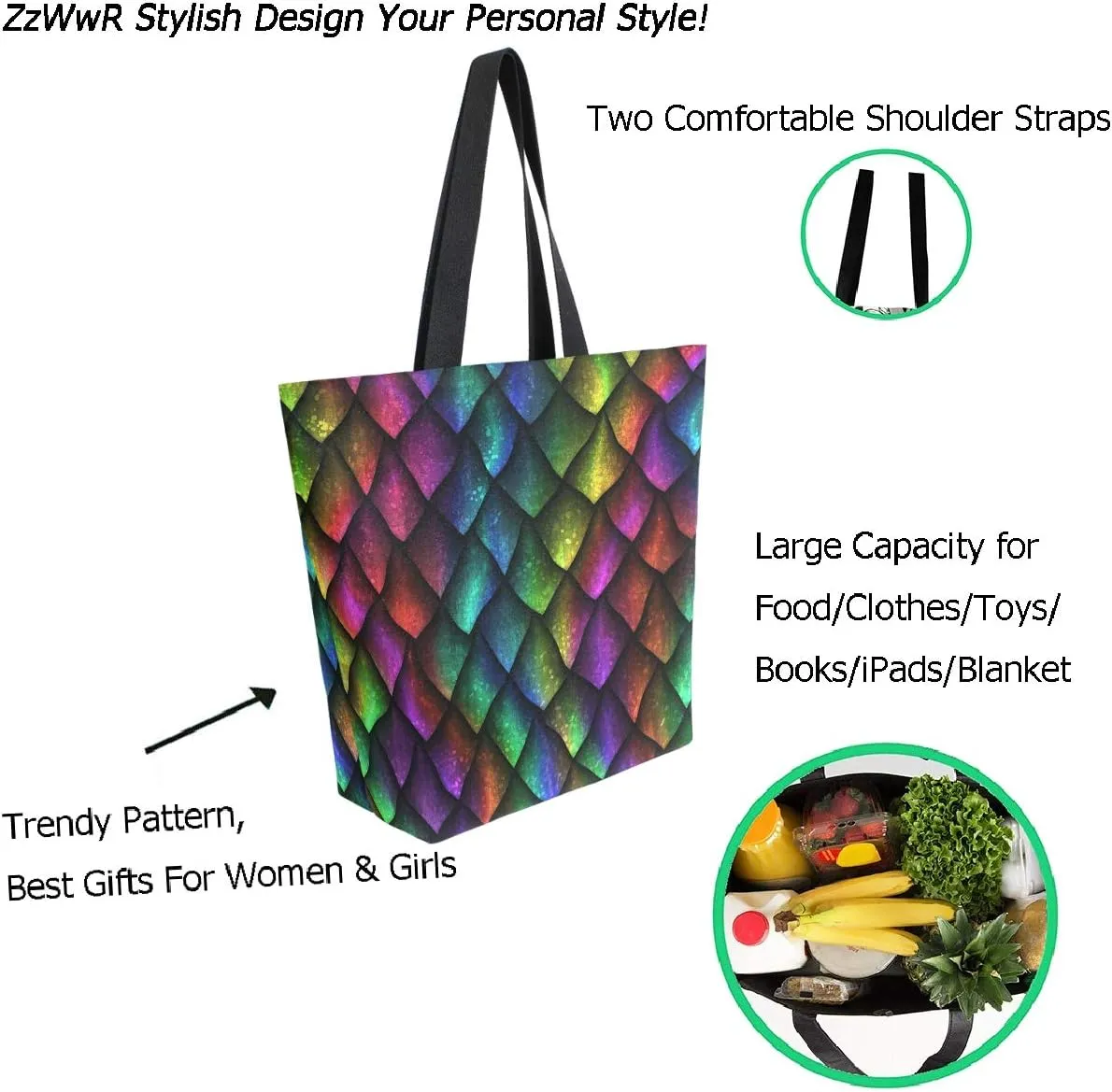 Stylish Cute Pattern Extra Large Shoulder Tote Bag for Beach Travel Weekender Gym Grocery Shopping