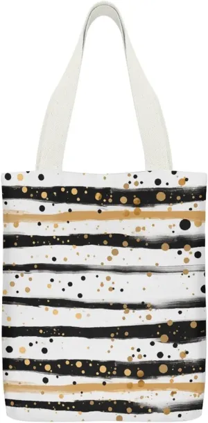 Stylish Shoulder Bag, Ink And Gold Dot Stripes Print Reusable Grocery Bag Large Canvas Tote Versatile Handbag All-purpose Tote