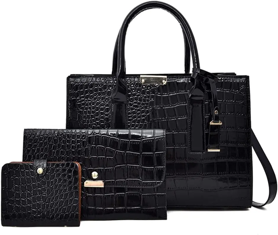 Stylish Women's Fashion Handbag Set - Large Tote Bag, Top Handle Satchel & Crossbody Purse with Clutch (Black)