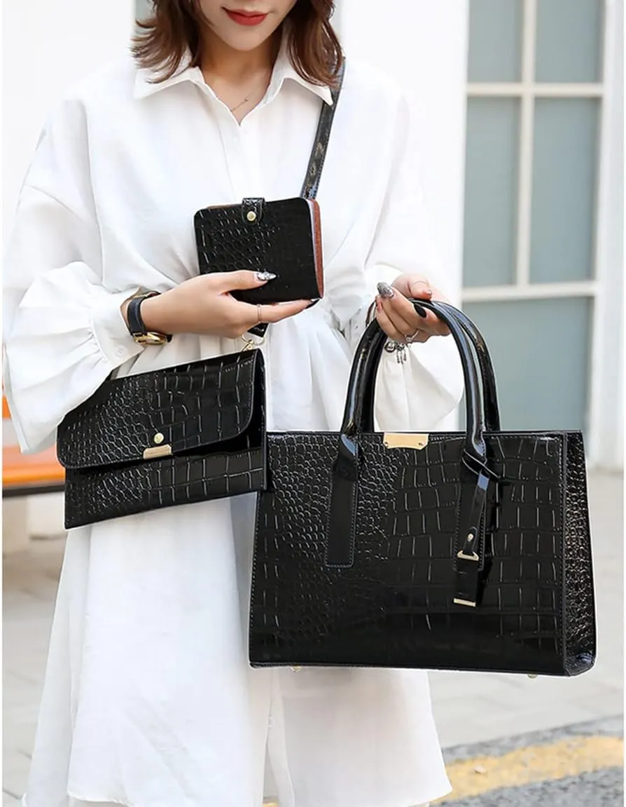 Stylish Women's Fashion Handbag Set - Large Tote Bag, Top Handle Satchel & Crossbody Purse with Clutch (Black)