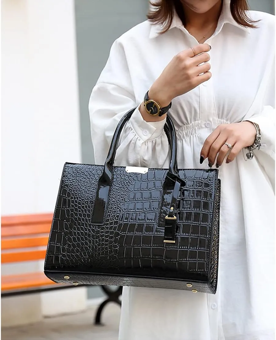 Stylish Women's Fashion Handbag Set - Large Tote Bag, Top Handle Satchel & Crossbody Purse with Clutch (Black)