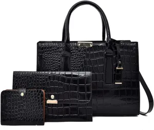 Stylish Women's Fashion Handbag Set - Large Tote Bag, Top Handle Satchel & Crossbody Purse with Clutch (Black)