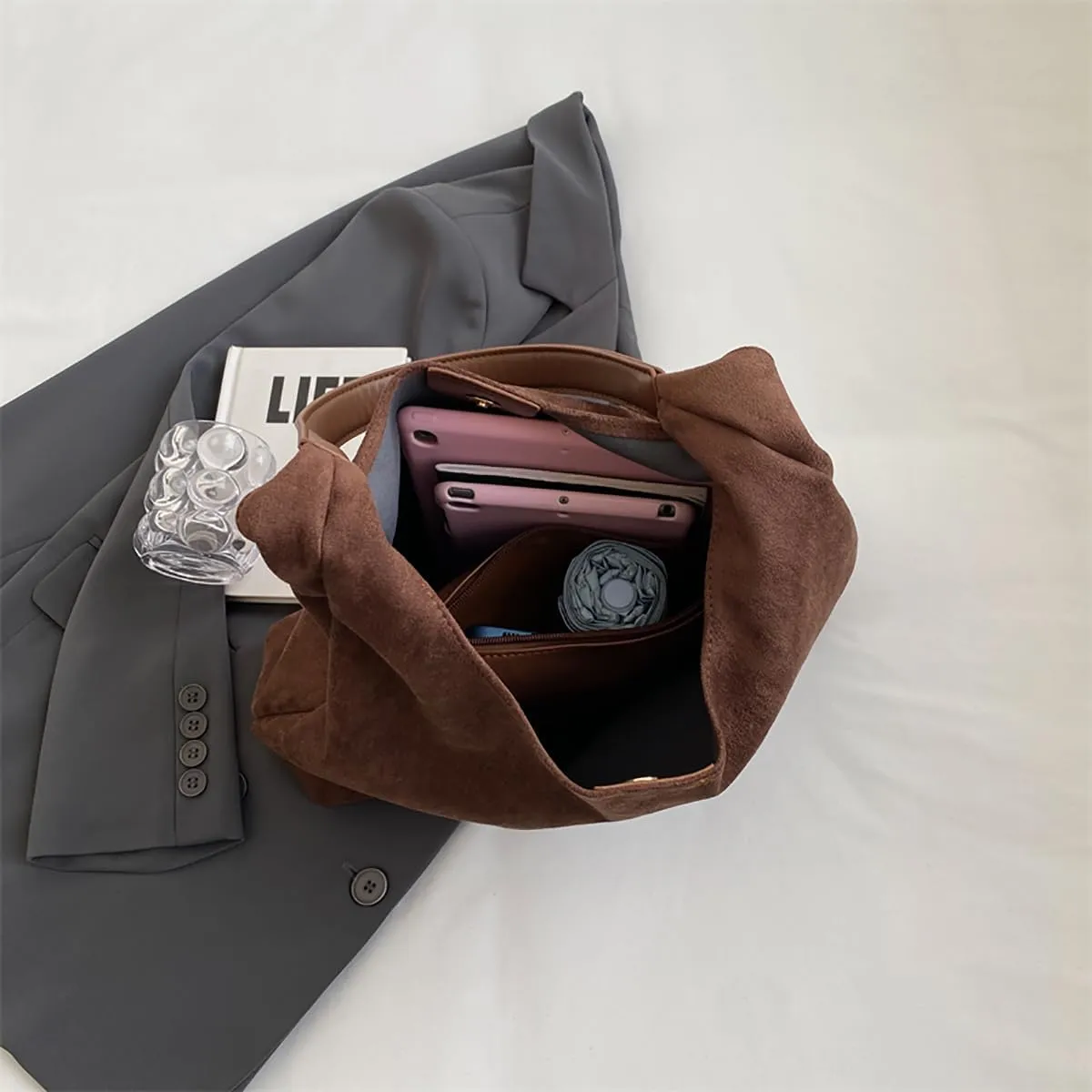 Suede Hobo Bag for Wome Slouchy Tote Shoulder Handbag Retro Large Work Travel Shopping Bag with Coin Purse 2pcs