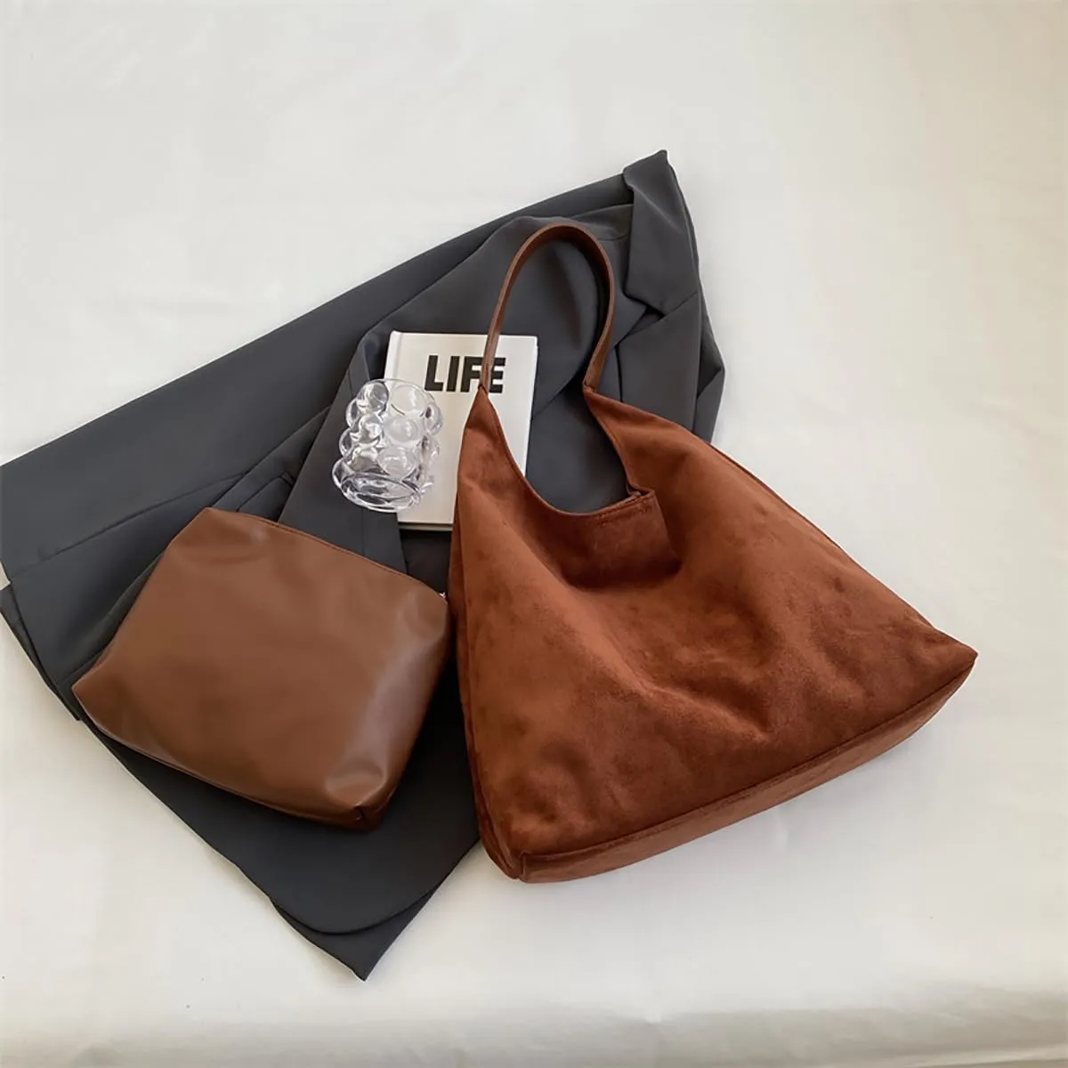 Suede Hobo Bag for Wome Slouchy Tote Shoulder Handbag Retro Large Work Travel Shopping Bag with Coin Purse 2pcs