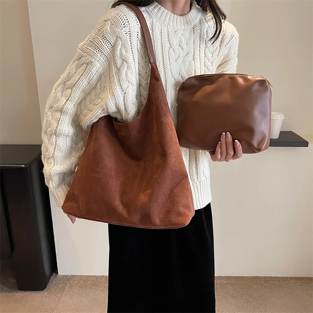 Suede Hobo Bag for Wome Slouchy Tote Shoulder Handbag Retro Large Work Travel Shopping Bag with Coin Purse 2pcs
