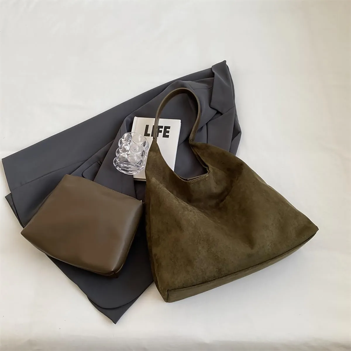 Suede Hobo Bag for Wome Slouchy Tote Shoulder Handbag Retro Large Work Travel Shopping Bag with Coin Purse 2pcs