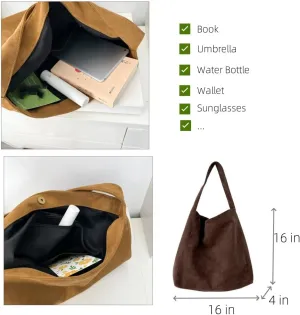 Suede Tote Bag for Women Large Shoulder Bag Carryall Bag Retro Purse Trendy Handbag for Work Library Travel