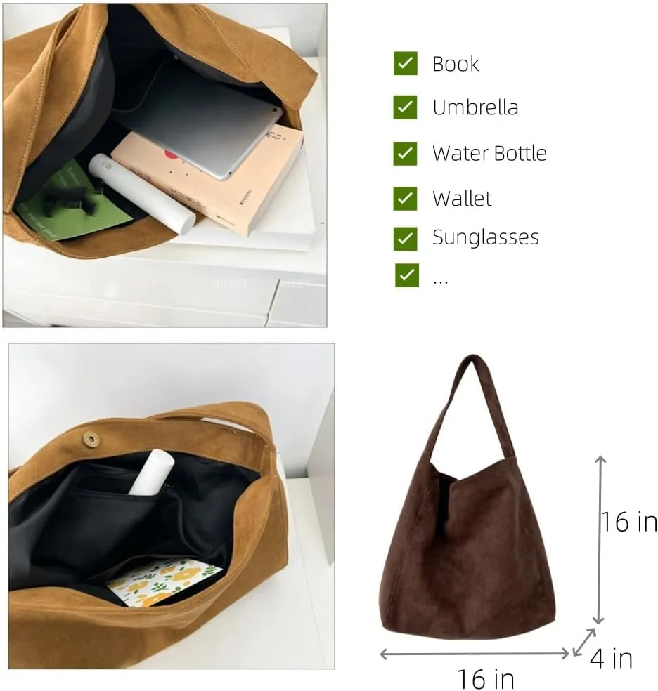 Suede Tote Bag for Women Large Shoulder Bag Carryall Bag Retro Purse Trendy Handbag for Work Library Travel