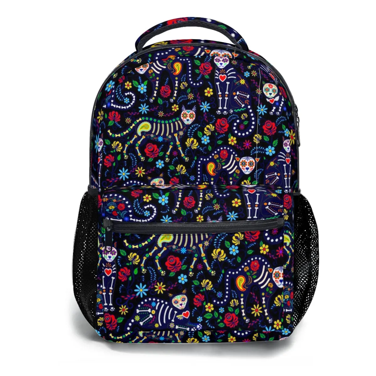 Sugar Skull Cat School Bag Portable Tote Insulated Lunch Bag Pen Pouch