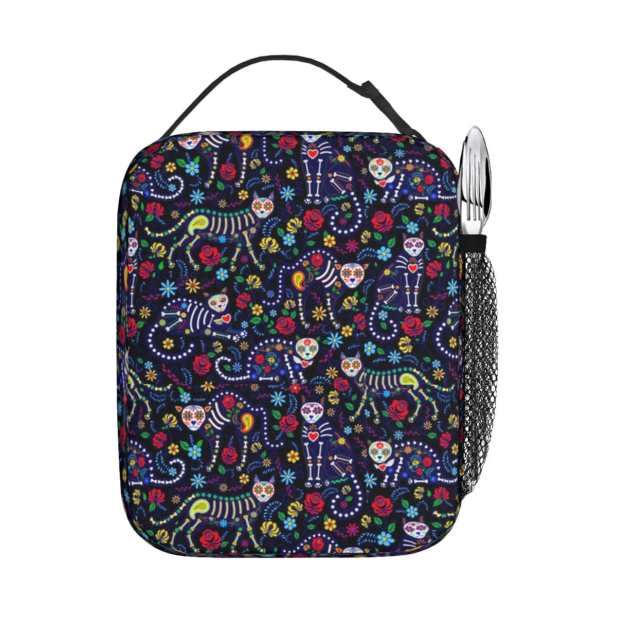 Sugar Skull Cat School Bag Portable Tote Insulated Lunch Bag Pen Pouch