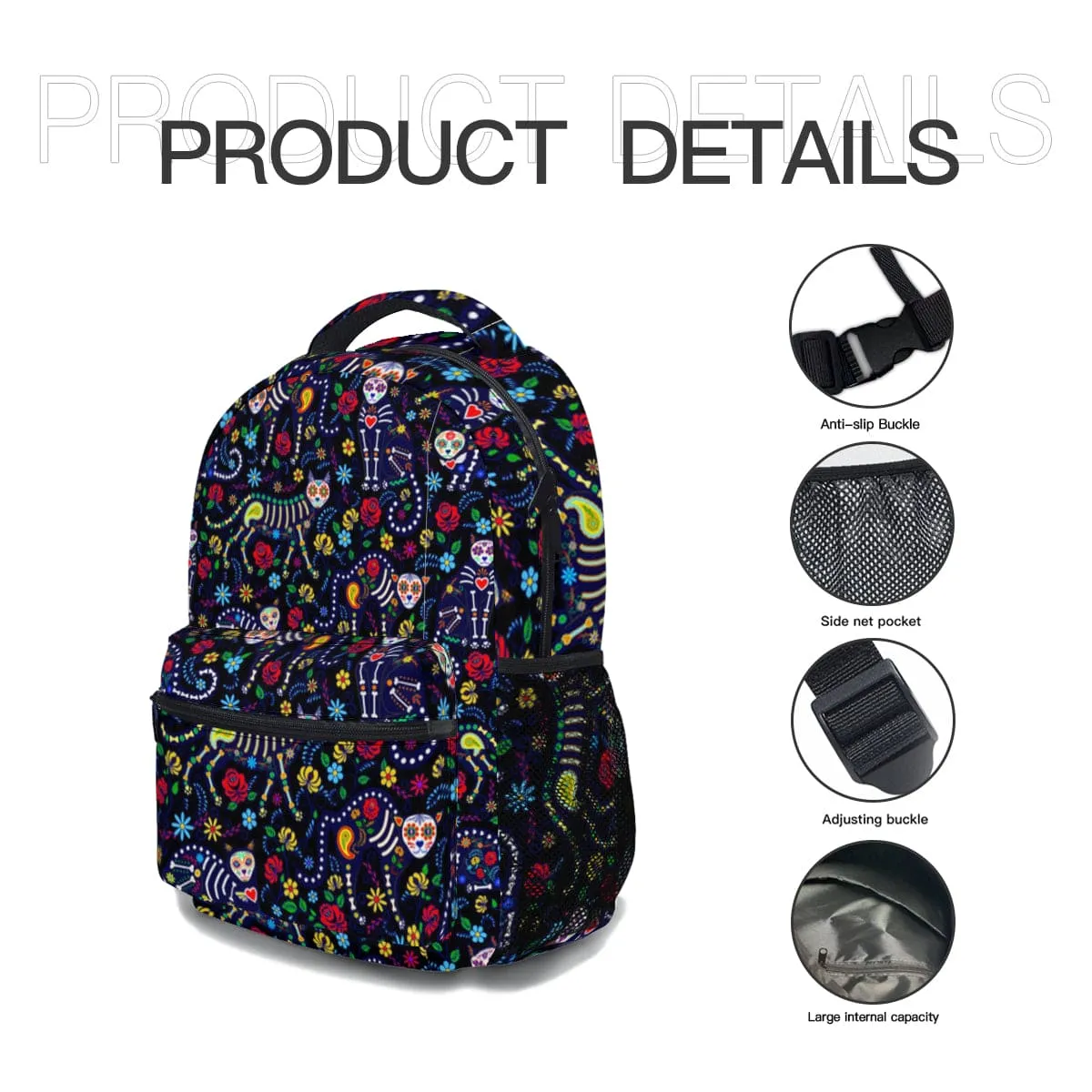 Sugar Skull Cat School Bag Portable Tote Insulated Lunch Bag Pen Pouch