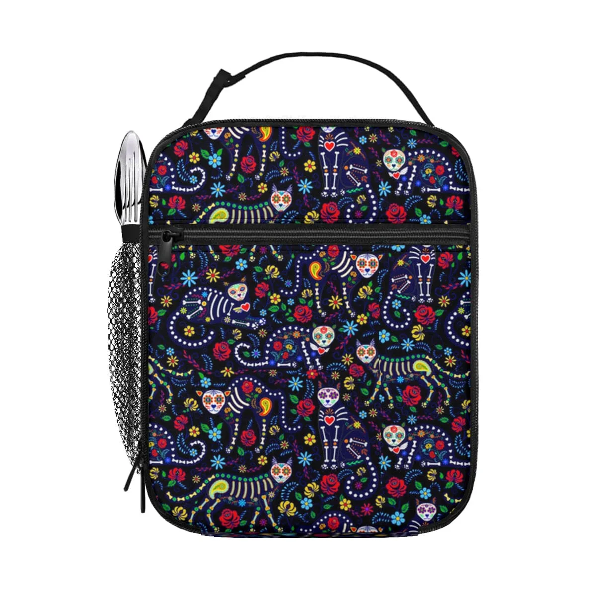 Sugar Skull Cat School Bag Portable Tote Insulated Lunch Bag Pen Pouch