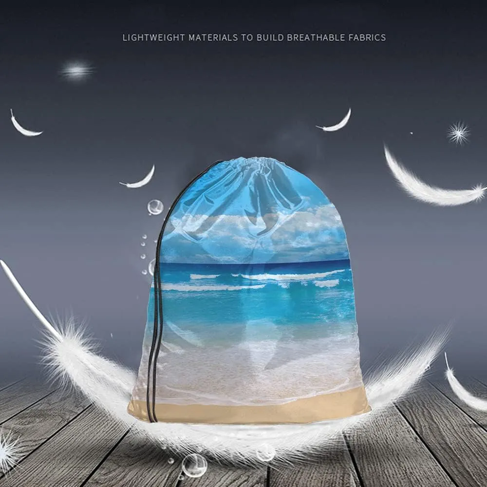 Summer Beach Drawstring Bags Backpack Bag Blue Ocean Coastal Nautical Theme Seascape Holiday Sea Water Time Sport Gym Sack Drawstring Bag String Bag Yoga Bag for Men Women