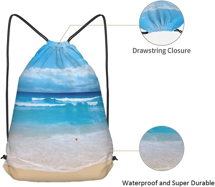 Summer Beach Drawstring Bags Backpack Bag Blue Ocean Coastal Nautical Theme Seascape Holiday Sea Water Time Sport Gym Sack Drawstring Bag String Bag Yoga Bag for Men Women
