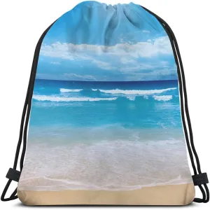 Summer Beach Drawstring Bags Backpack Bag Blue Ocean Coastal Nautical Theme Seascape Holiday Sea Water Time Sport Gym Sack Drawstring Bag String Bag Yoga Bag for Men Women