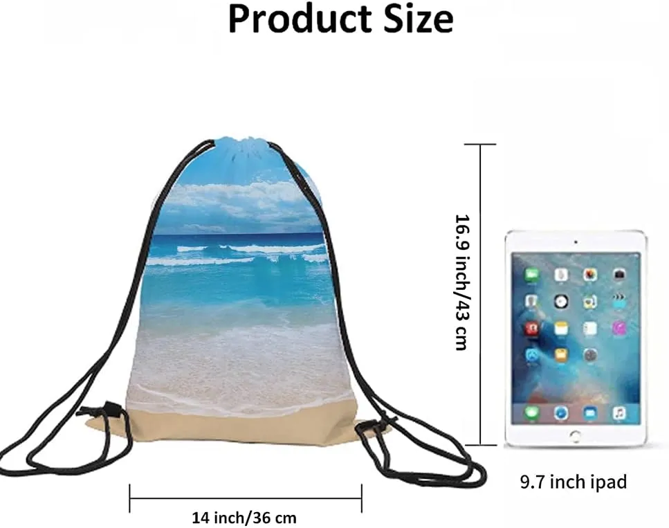 Summer Beach Drawstring Bags Backpack Bag Blue Ocean Coastal Nautical Theme Seascape Holiday Sea Water Time Sport Gym Sack Drawstring Bag String Bag Yoga Bag for Men Women