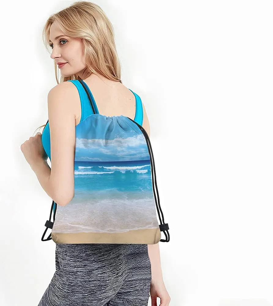 Summer Beach Drawstring Bags Backpack Bag Blue Ocean Coastal Nautical Theme Seascape Holiday Sea Water Time Sport Gym Sack Drawstring Bag String Bag Yoga Bag for Men Women