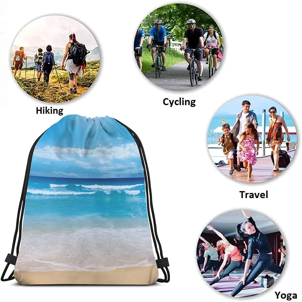 Summer Beach Drawstring Bags Backpack Bag Blue Ocean Coastal Nautical Theme Seascape Holiday Sea Water Time Sport Gym Sack Drawstring Bag String Bag Yoga Bag for Men Women