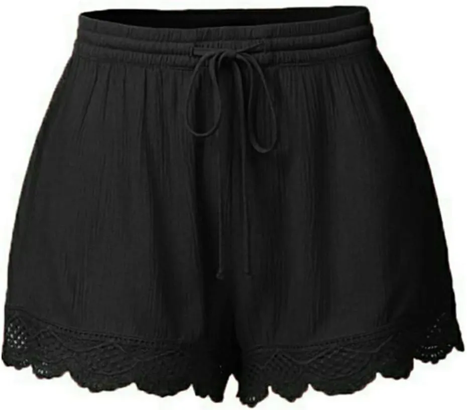 Summer Casual Shorts for Women Lace Trim Comfy Pajama Bottoms Elastic Waist Drawstring Loose Yoga Lounge Short Pants