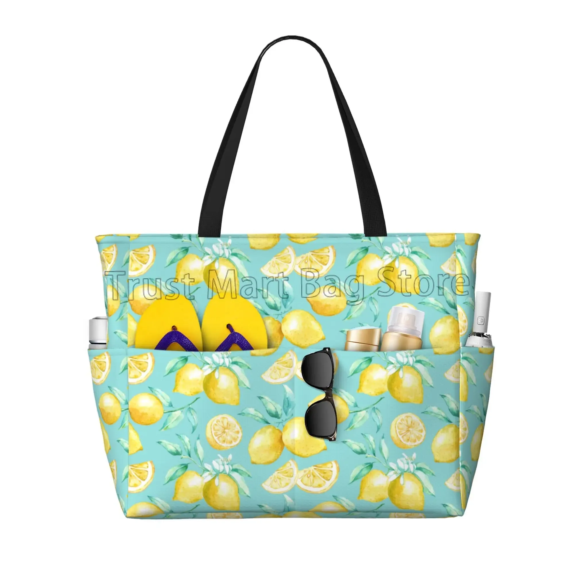 Summer Tropical Lemon Waterproof Beach Bag - Utility Zipper Tote