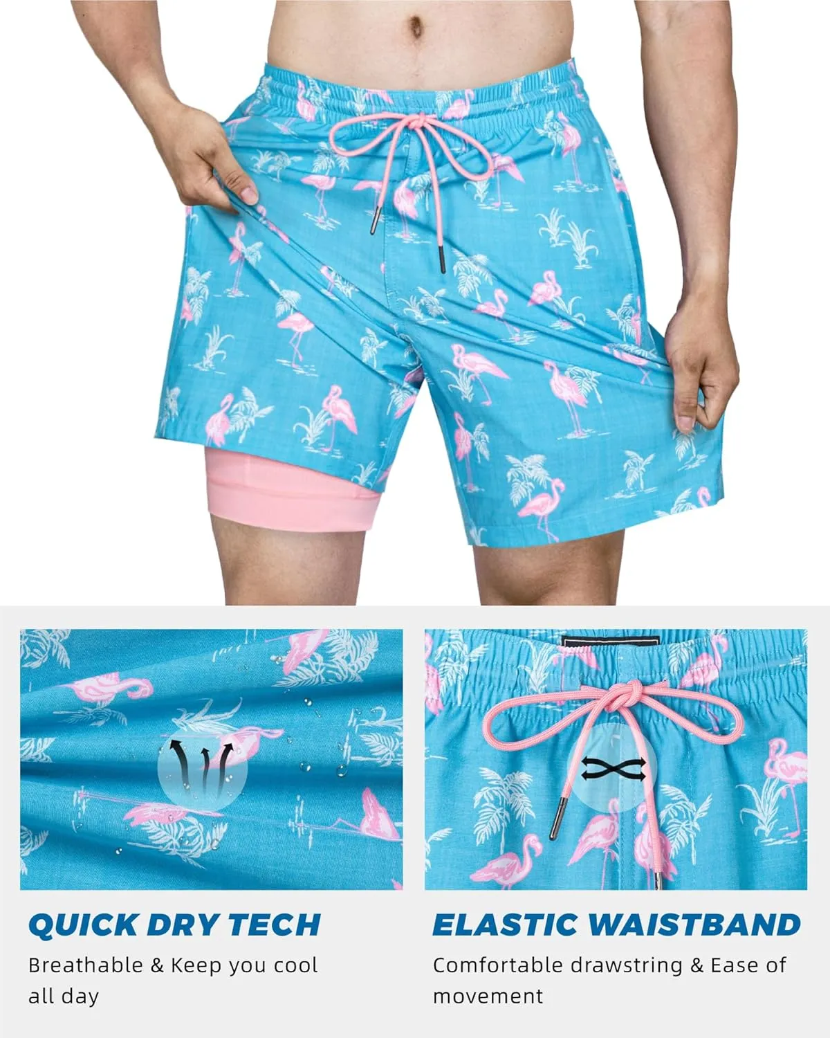 SURF CUZ Mens Swim Trunks with Compression Liner Swim Shorts 7" Swimming Trunks Stretch 7 Inch Swim Suits Quick Dry