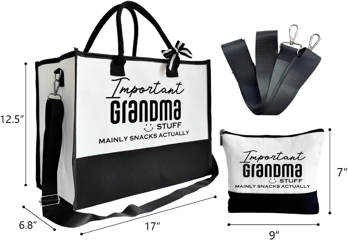 SUSZDOU Important Grandma Bag, Grandma Stuff Tote Bag, Canvas Beach Bag, Canvas Tote Bag for Women, Cotton Canvas Bag Gift for Grandma, Mother's Day Gift for Grandma, Funny Gifts for Grandma